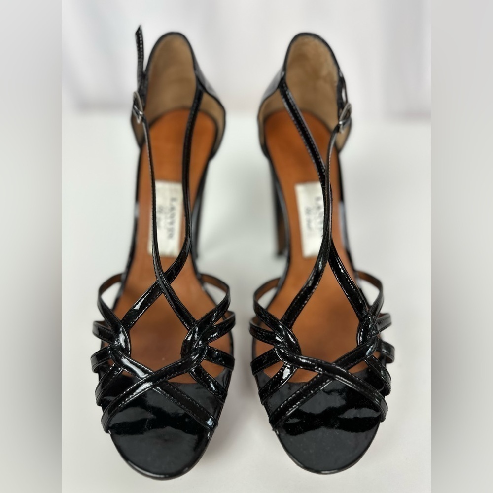 Black Patent Leather Lanvin Platform Cone Heeled Sandals Sz 38 - Picture 2 of 7